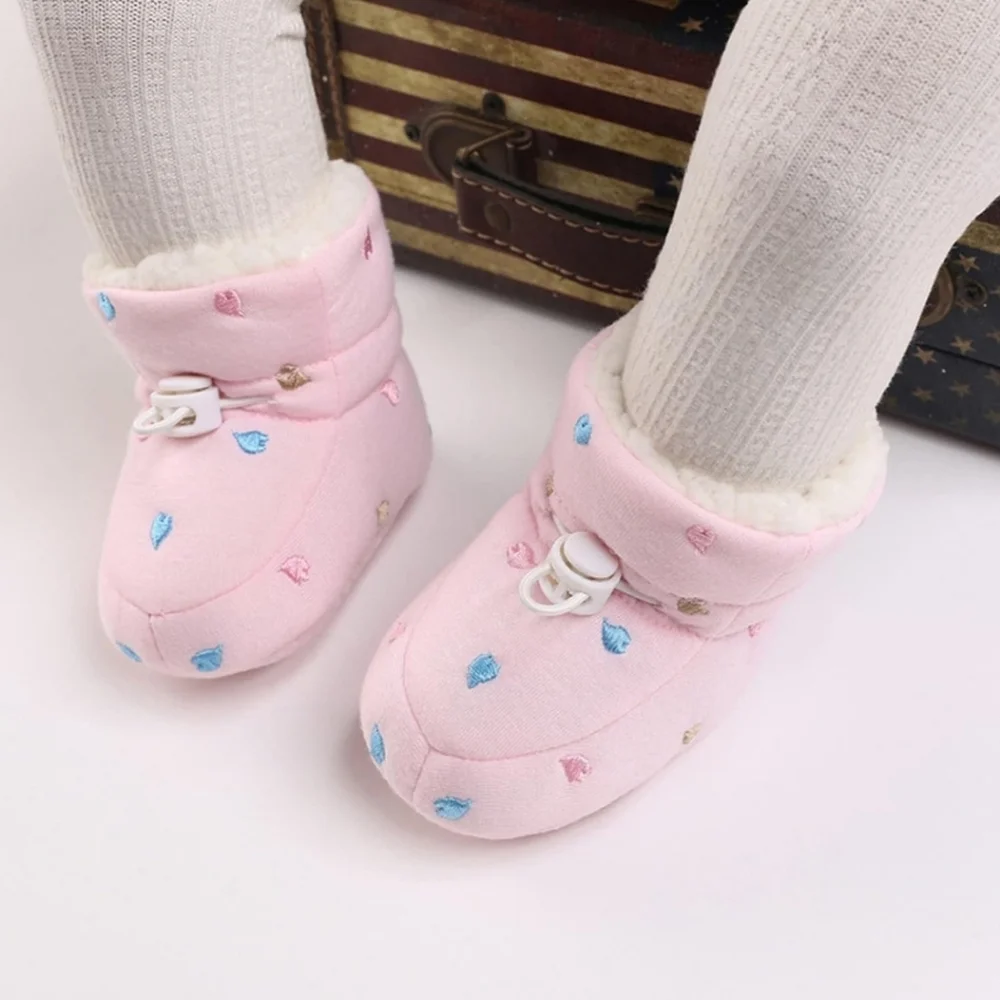 Pink Sherpa Lined Baby Booties with Blue Gold Pink Heart Accents Size 0-6 Months